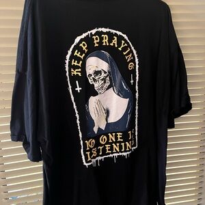 Black Graphic T-Shirt with Skeleton Nun Design